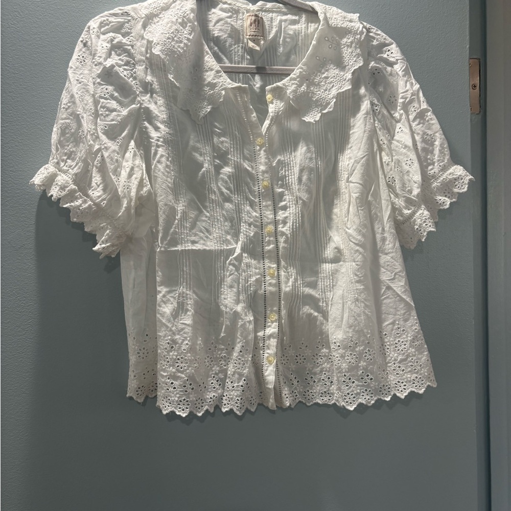 White Eyelet Pintuck Button-Front Blouse - Picture 4 of 5